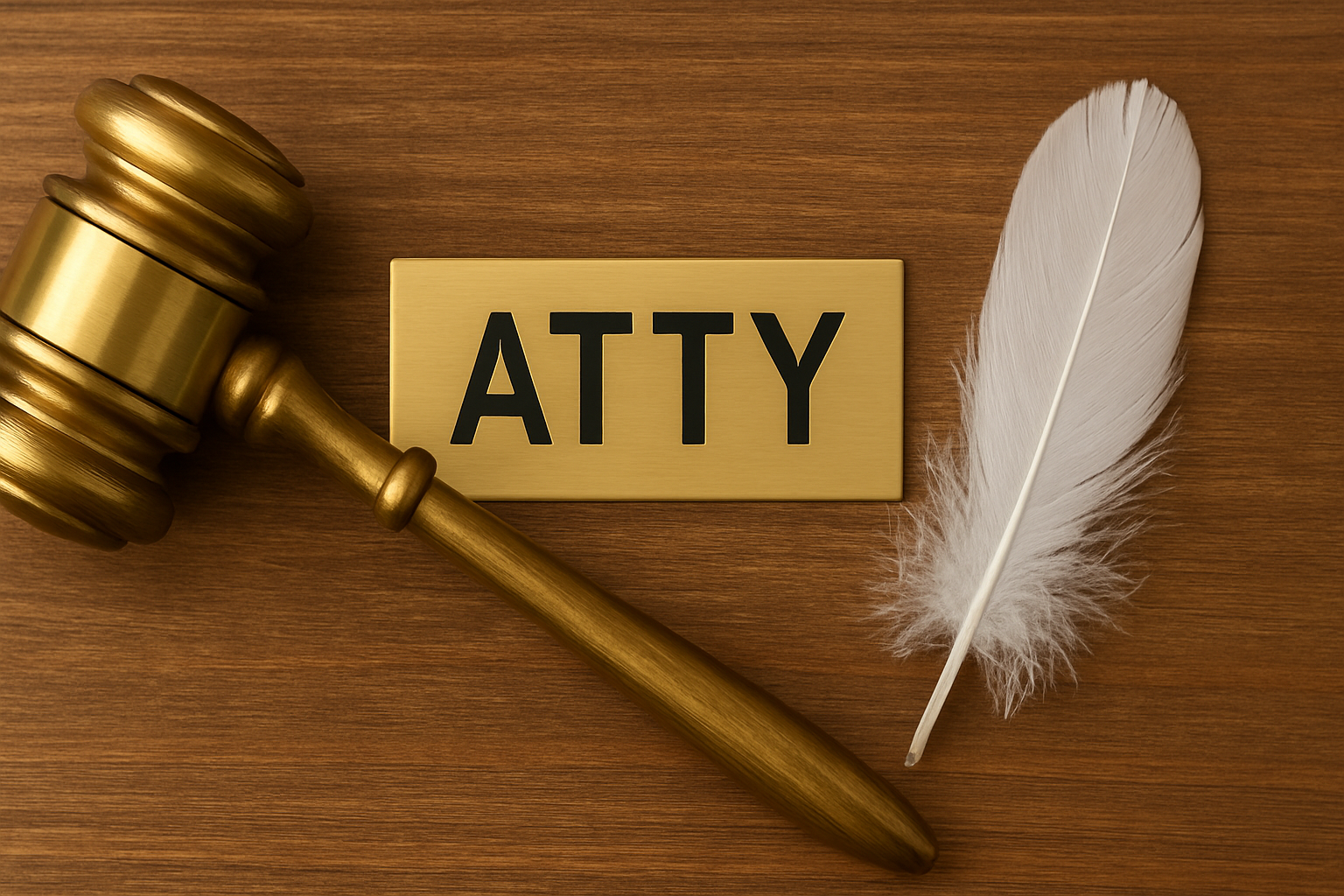 A brass gavel, a nameplate engraved with ATT, and a white feather quill placed on a wooden surface representing the 3 letter abbreviation for lawyer.