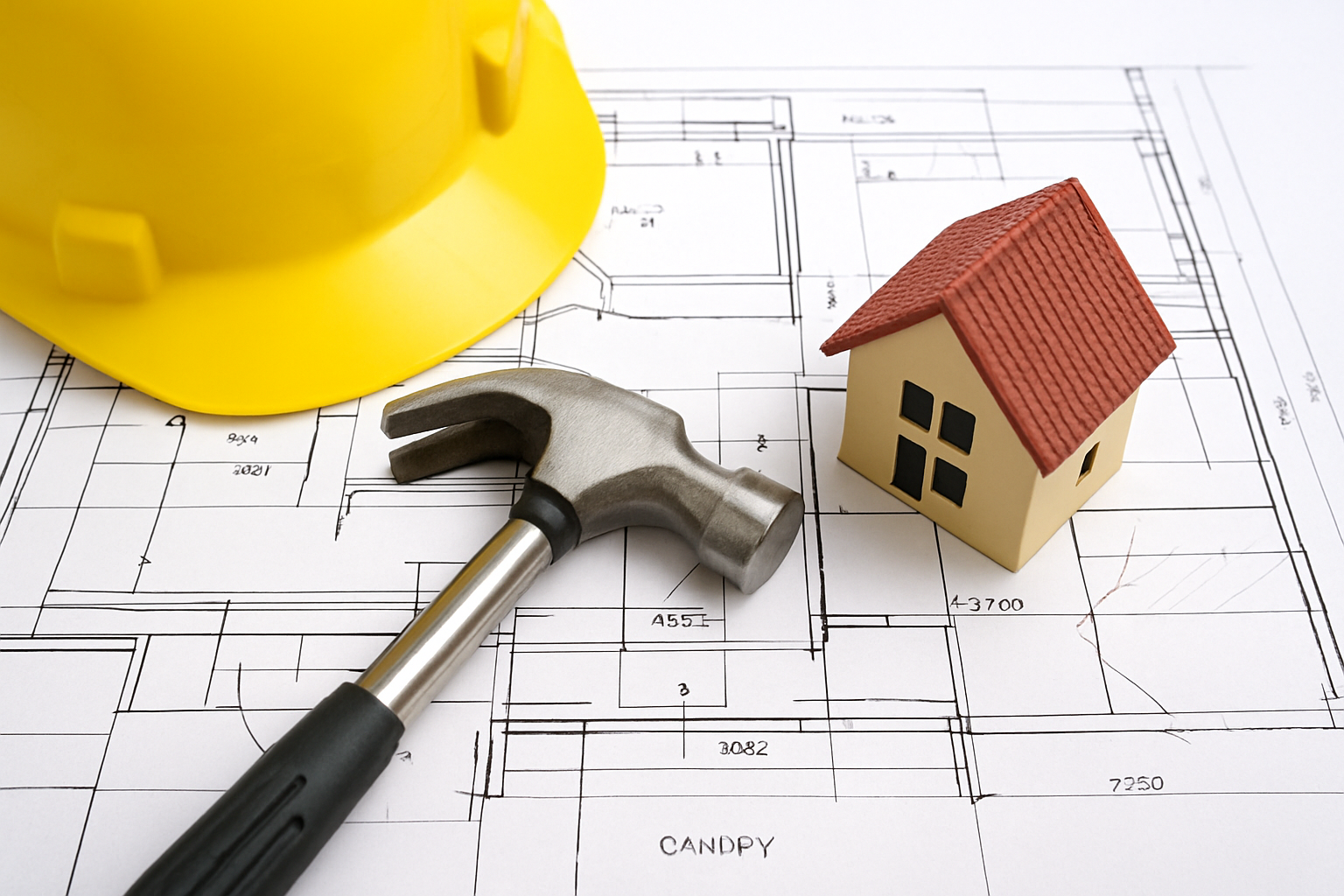 Construction blueprint with a yellow hard hat, metal hammer, and miniature house model, symbolizing abbreviation for construction and building projects.
